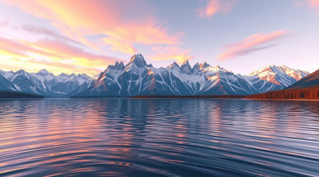 A tranquil lake with mountain peaks glowing in the soft light of dawn.の写真素材