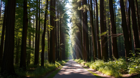 A serene forest path with tall trees and sunlight filtering through the foliage.