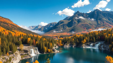 A calm lake surrounded by rocky cliffs and emerald-green vegetation.の写真素材