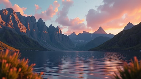 A tranquil lakeshore with smooth stones and soft ripples brushing the edge.の写真素材