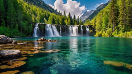 A shimmering river glowing with golden-hour reflections.の写真素材