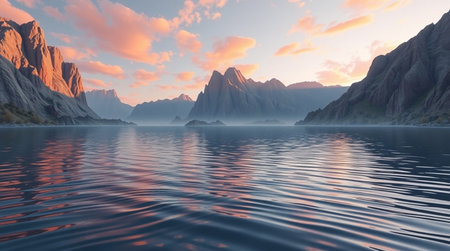 A tranquil lake surrounded by rolling green hills and open skies.の写真素材