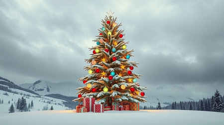 A magical snowy tree decorated with shimmering ornaments lights up a serene mountain landscape.の写真素材