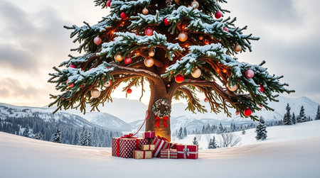 A bright Christmas tree stands tall in powdery untouched snow under soft gray clouds.