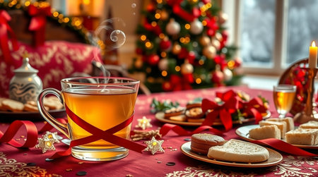 A realistic New Year's Eve scene featuring a steaming glass cup of white tea glowing warmly atop a crimson tablecloth decorated with golden patterns and festive ribbons.の写真素材