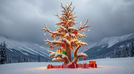 A glowing snowy tree filled with colored bulbs decorates a silent white meadow.
