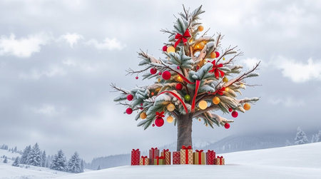 A majestic festive tree sits in flawless snow, reflecting soft warm light.の写真素材