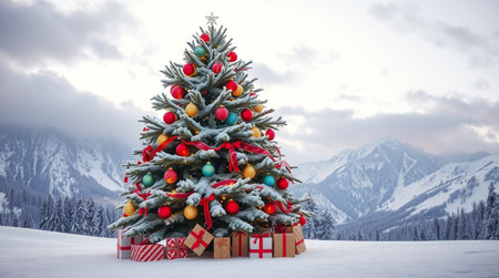 A snowy Christmas tree shines under soft lighting, surrounded by crisp untouched snow.の写真素材