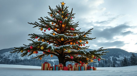 A towering Christmas tree dusted with snow shines brightly in a quiet winter field with mountains in...