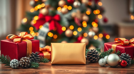 A warm glowing festive scene with luxury gift bags and soft sparkling bokeh.の写真素材