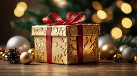 A luxurious festive scene showing pine foliage, high-quality gift packaging, and soft warm golden...