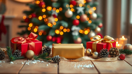 A polished holiday display featuring neat red gift boxes and metallic gold ornaments.の写真素材