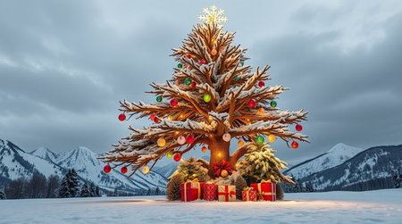 A tall snowy Christmas tree shines beautifully in cool winter air.の写真素材