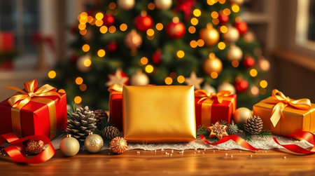 A high-quality golden jewellery box centered on a wooden table filled with red-gold holiday dの写真素材