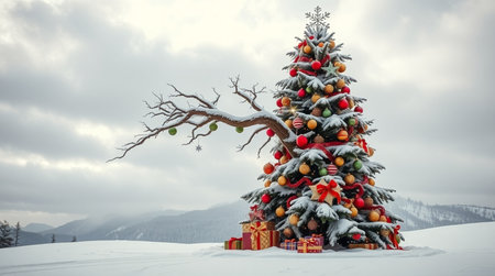 A majestic snow-covered Christmas tree stands tall in a serene winter landscape, decorated with colorful lights, glass ornaments, and red silk ribbons.の写真素材