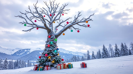 A snowy pine transformed into a Christmas tree radiates warm holiday colors against distant winter...