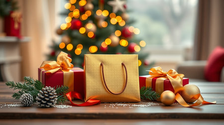 A festive display with polished red-and-gold boxes and softly glowing holiday lights.の写真素材