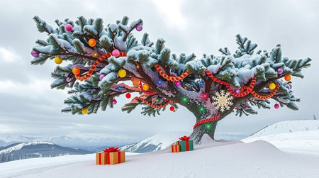 A soft golden glow lights a majestic Christmas tree in a silent winter meadow.の写真素材