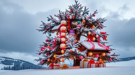 A glowing holiday tree stands alone in a peaceful winter plain with mountains behind.の写真素材