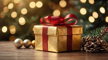 A warm premium festive display showing reflective gold baubles and fine ribbon textures.