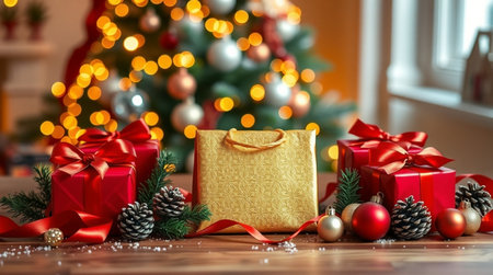 A beautifully arranged Christmas scene with intricate ribbon textures and warm tree lights in the background.の写真素材