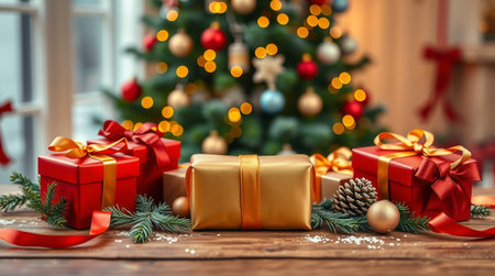 A warm bokeh-filled holiday arrangement with polished ornaments and elegant gift boxes.の写真素材