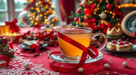 A glowing cup of tea sits peacefully among vibrant ribbons, confetti, and shimmering ornaments.の写真素材