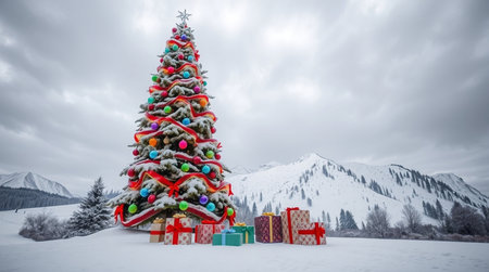 A dazzling Christmas tree stands tall with sparkling ornaments and warm illumination.の写真素材