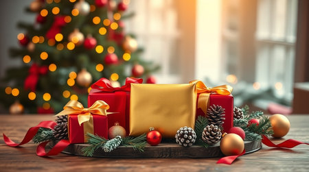 A decorative Christmas table layout with gold gift boxes and warm fairy-light reflections.の写真素材