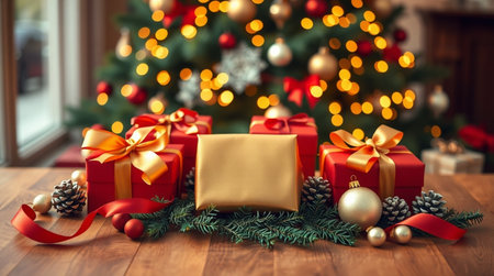 A high-detail festive flat-lay with reflective ornaments, smooth satin ribbons, and warm gold fairy lights in the background.の写真素材