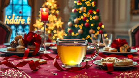 A steaming glass cup showcases holiday warmth as Christmas lights dance in the background.の写真素材