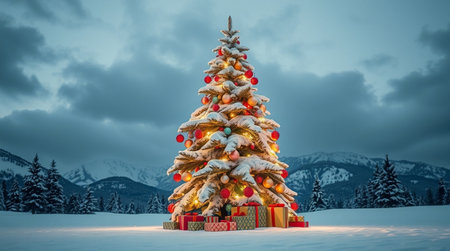 A pristine snowfield holds a glowing Christmas tree decorated in vibrant colors.の写真素材