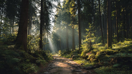 A serene meadow surrounded by tall trees and gentle afternoon winds.の写真素材