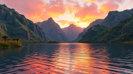 A peaceful valley painted with warm tones of early sunrise.