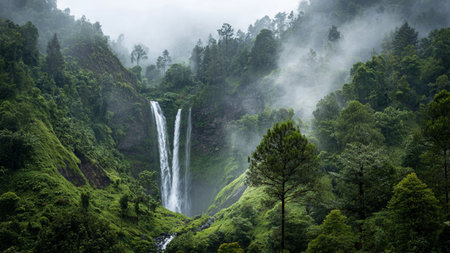 A quiet forest alive with fresh green leaves in early spring.の写真素材