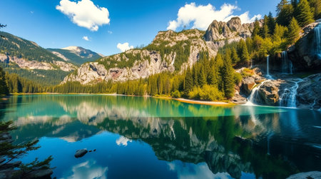 A calm lake surrounded by rocky cliffs and emerald-green vegetation.の写真素材