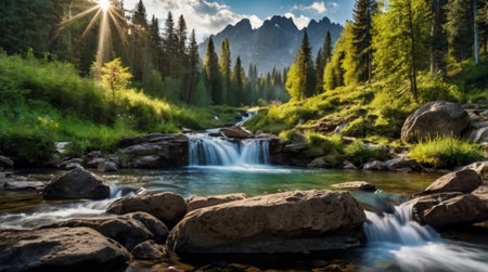 A peaceful grassland stretching toward distant blue mountains.の写真素材