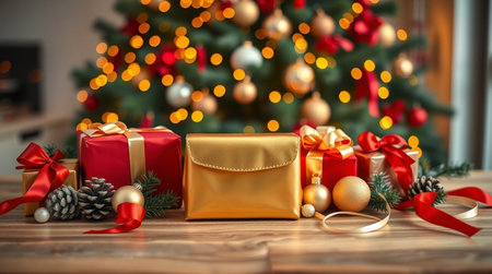 A detailed festive tabletop layout highlighting a golden jewellery box surrounded by red gift boxes.の写真素材