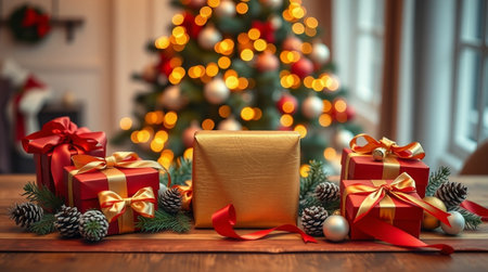 A glowing festive tabletop featuring satin-ribboned packages and warm gentle bokeh.の写真素材