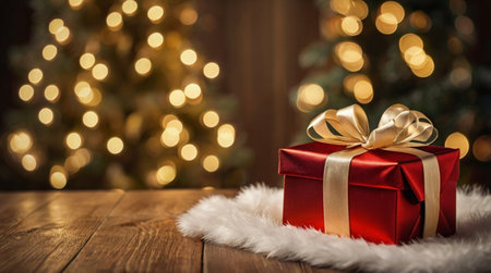 A premium Christmas tabletop showing ribbon-tied red gift boxes and glowing warm ambience.