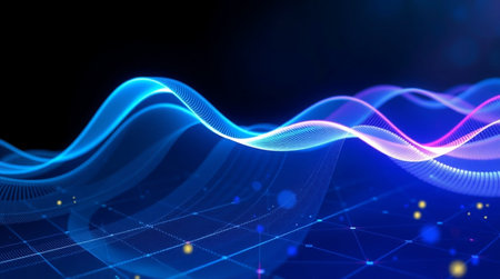 Modern neon lines forming overlapping wave structures over a quiet low-contrast technology grid.