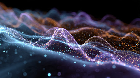 Elegant rippling shapes with shimmering blue and purple accents enriched by neon green particle flares.の写真素材