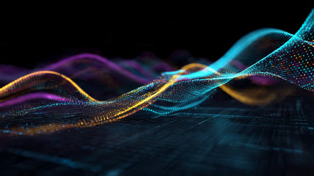 Cyberwave strands glowing with prismatic neon hues.