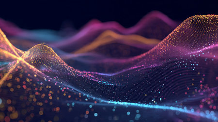 A glowing trail of radiant data curves weaving dynamically through a digital darkness.の写真素材