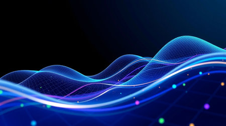 Soft, fluid luminous waves in purple-blue tones floating gently over a minimalist tech landscape.