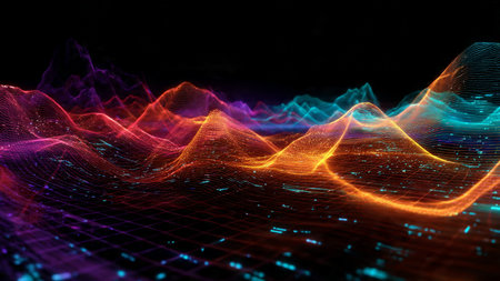 Multi-stream neon lines forming descending wave motions over a subtle tech texture.