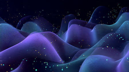 Flowing ribbons of neon blue and purple forming an abstract techno wave.