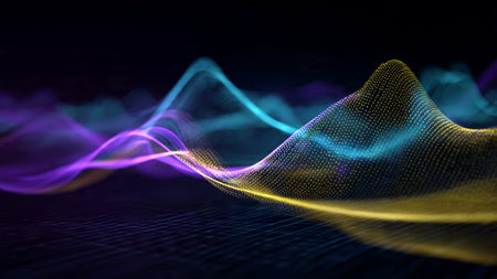 A radiant rush of energy curves moving across a deep gradient background illuminated by...