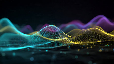 Light particles scattering across neon wave arcs.