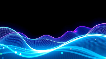 A sparkling digital wave of violet and cyan light bending gracefully across a dark futuristic...